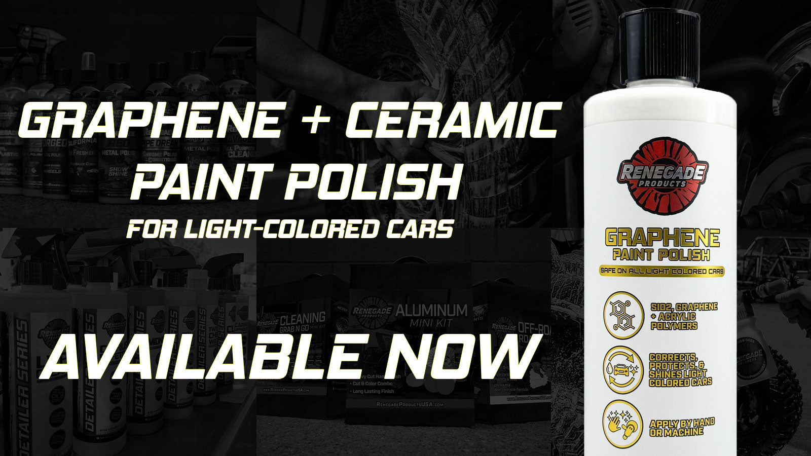 Renegade Products Graphene Paint Polish for light-colored cars, providing protection, shine, and correction with graphene and acrylic polymers.