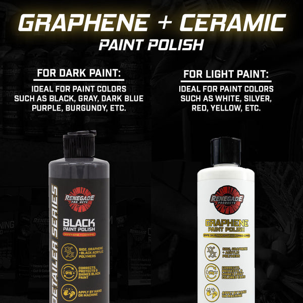 Renegade Products Graphene + Ceramic Paint Polish for dark and light paint, ideal for black, gray, and light-colored vehicles, providing shine, protection, and correction.