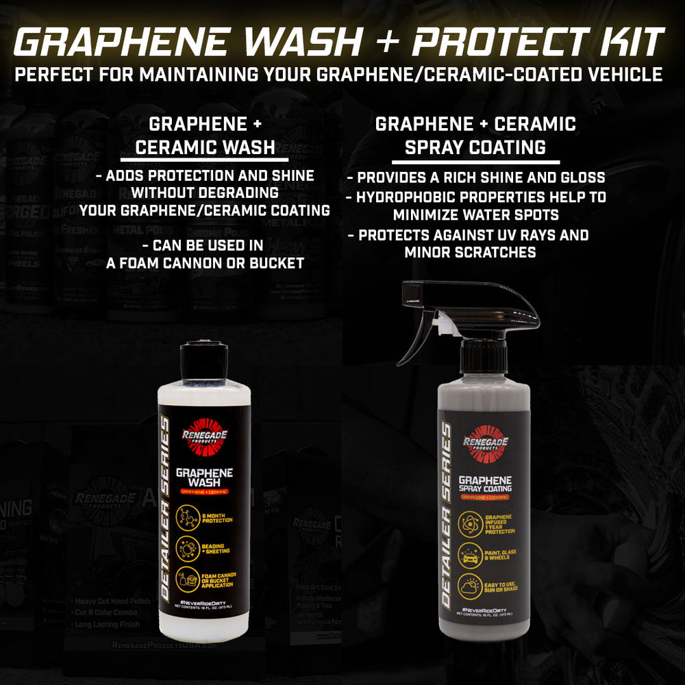 Renegade products Graphene Wash & Protect bundle with ceramic graphene wash, ceramic graphene spray coating, wash mitt, and microfiber towels for vehicle care.