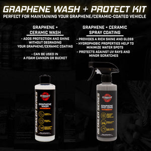 infographic for Renegade products Graphene Wash and Spray Coating for maintaining graphene/ceramic-coated vehicles, providing protection, shine, and water spot prevention.