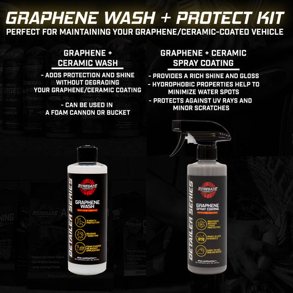 infographic for Renegade products Graphene Wash and Spray Coating for maintaining graphene/ceramic-coated vehicles, providing protection, shine, and water spot prevention.