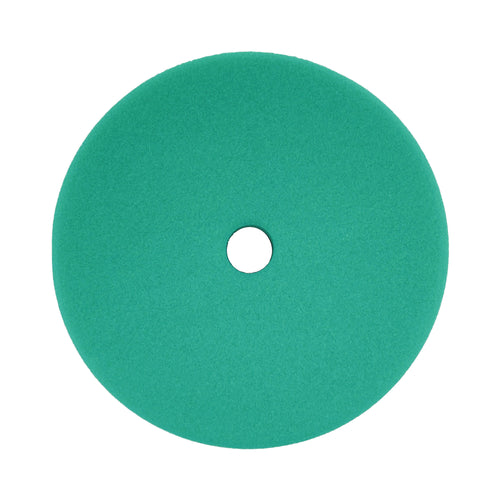 Assorted 6-inch foam polishing pads for metal and paint restoration, featuring a hook and loop base and color-coded aggressiveness levels.