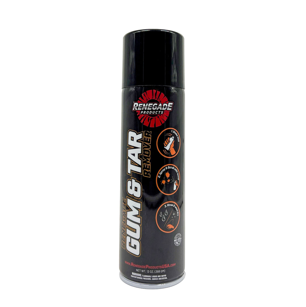Renegade Gum and Tar Remover bottle with label detailing uses and ingredients for effective cleaning.