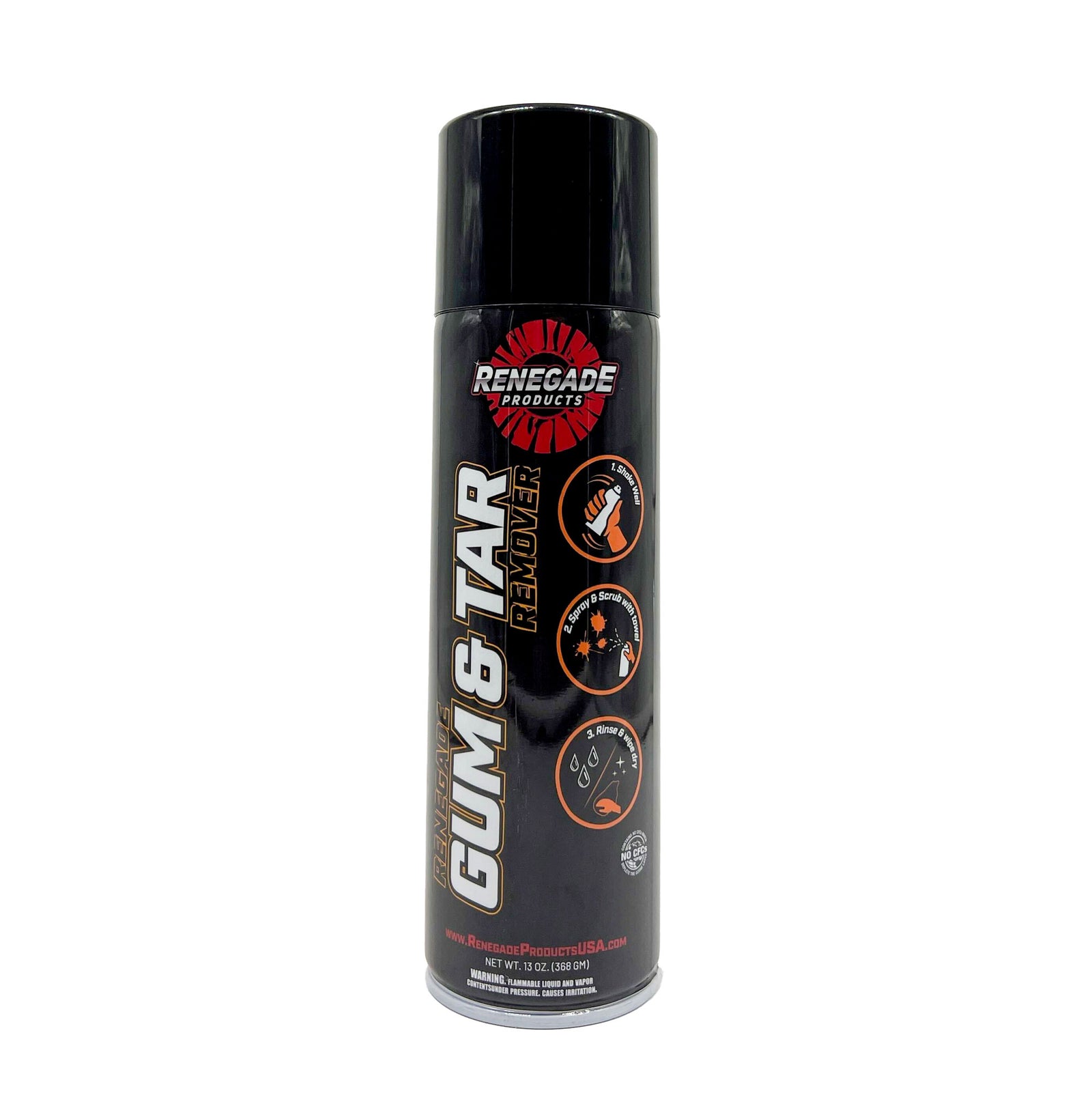 Renegade Gum and Tar Remover bottle with label detailing uses and ingredients for effective cleaning.