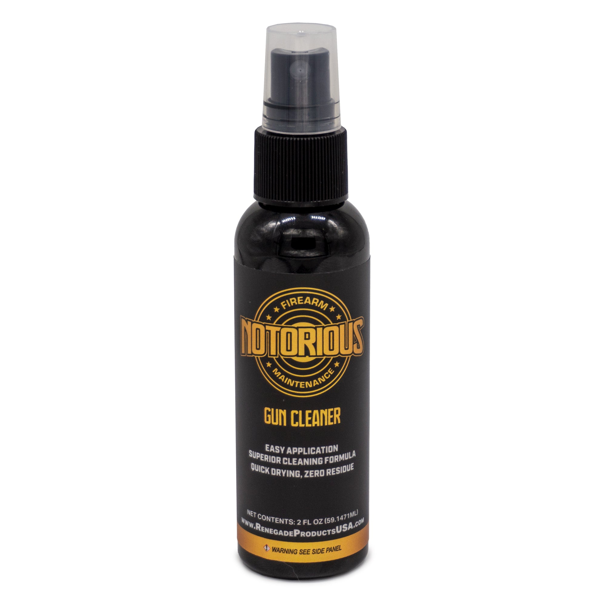 Alt text: Notorious Gun Cleaner bottle with label detailing its use for cleaning all firearm parts.