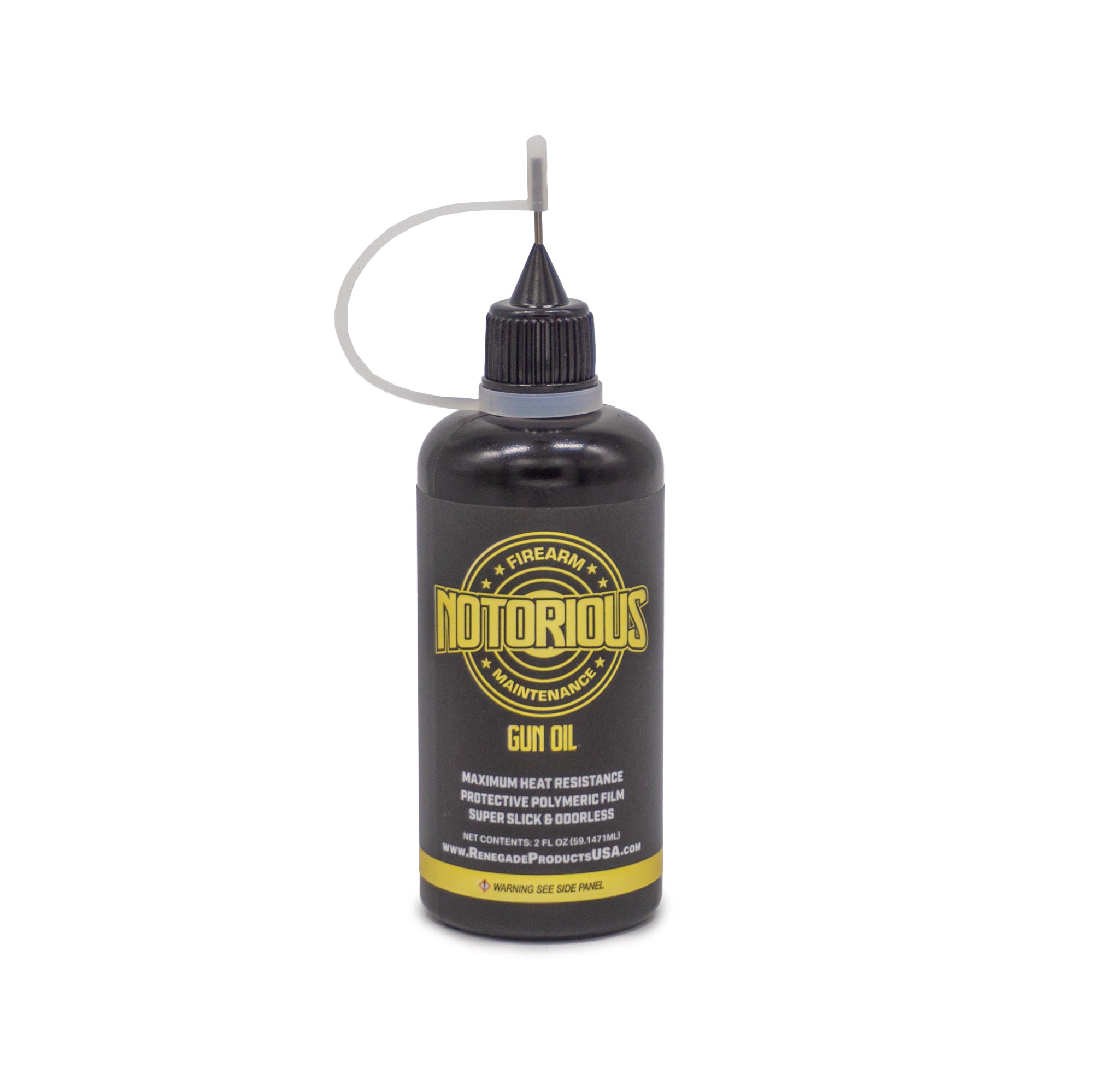 Close-up image of Notorious Gun Oil bottle with label detailing its high-heat resistant lubrication properties.