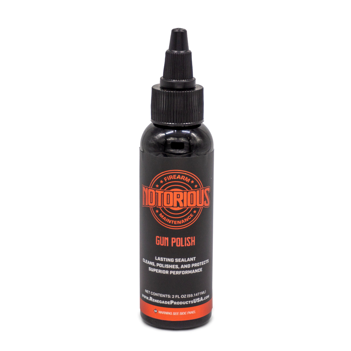 Close-up of a bottle of Notorious Gun Polish with label detailing use on various metals for superior shine.