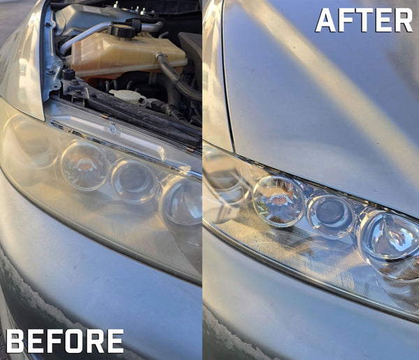 Before and after comparison of a car's headlight after using the renegade products headlight restoration kit