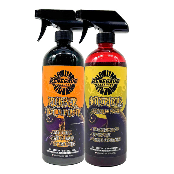 Renegade Products Limited-Edition Holiday Bundle in front of a white background: Rubber Vinyl Plastic Conditioner and Notorious Waterless Wash
