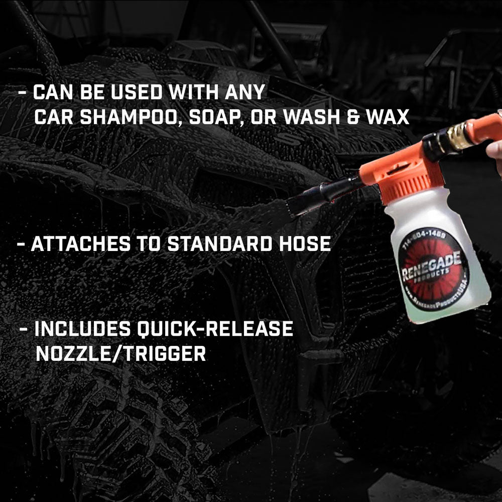 infographic of Renegade Products foam cannon attachment, compatible with any car shampoo, soap, or wash & wax, featuring a quick-release nozzle and standard hose connection