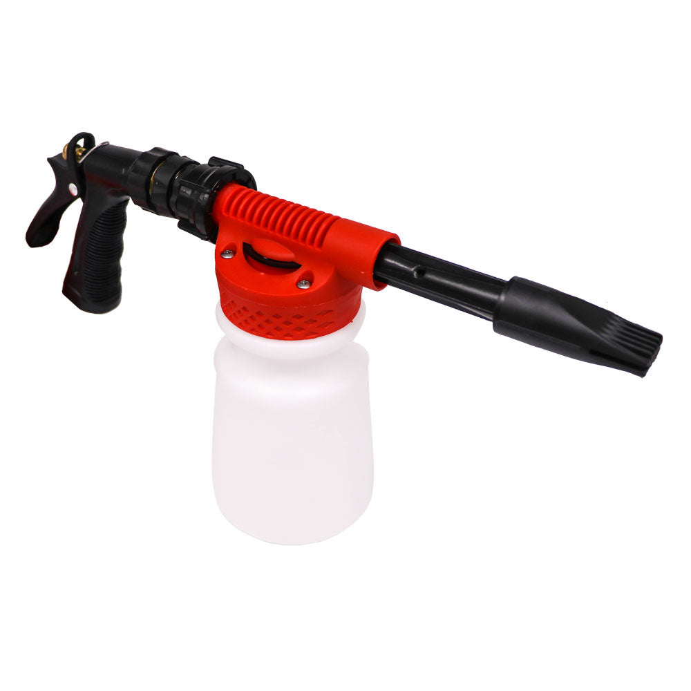 Hose foam cannon with red trigger and black nozzle on a white background