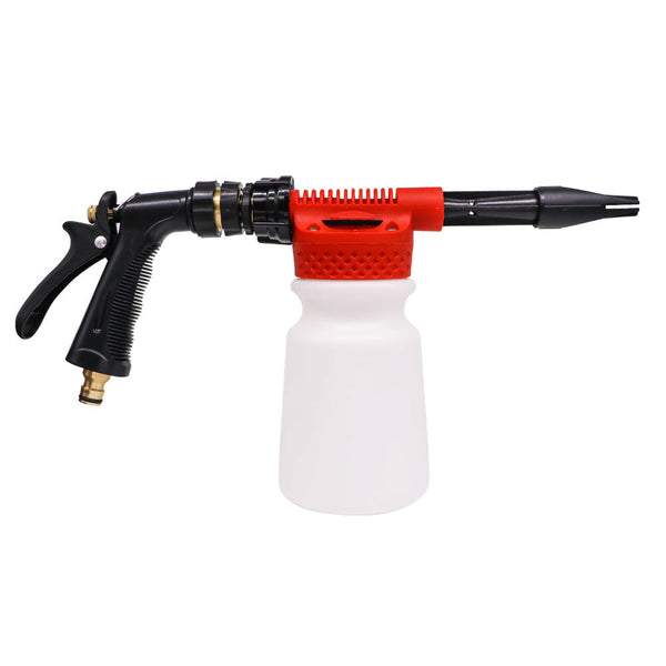 side view of Hose foam cannon with red trigger and black nozzle on a white background
