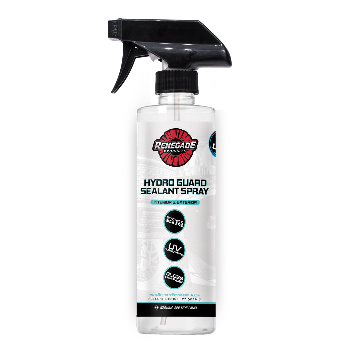 Spray bottle of Renegade Hydro Guard Sealant spray, with advanced SiO2 and synthetic sealer technology for superior shine and protection, UV protection, and enhanced gloss, on white background 