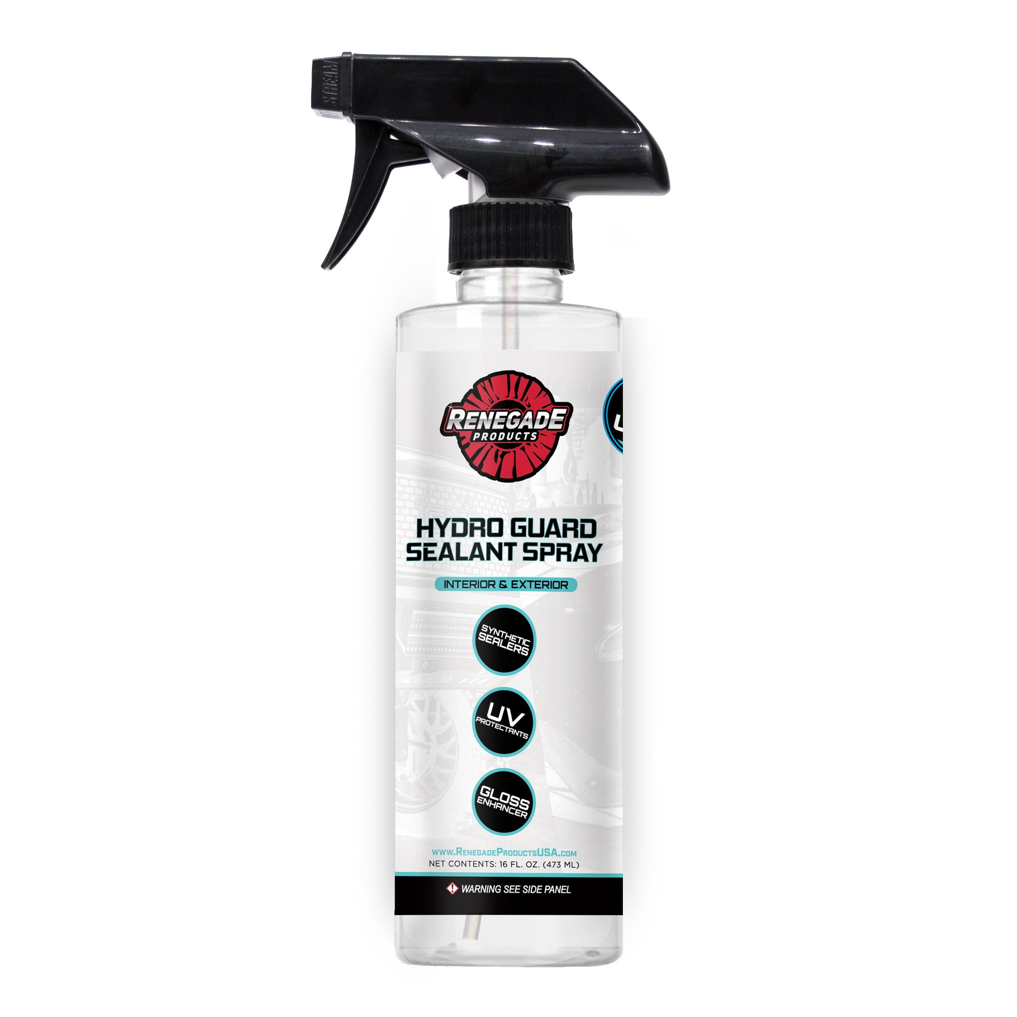 Spray bottle of Renegade Hydro Guard Sealant spray, with advanced SiO2 and synthetic sealer technology for superior shine and protection, UV protection, and enhanced gloss, on white background 
