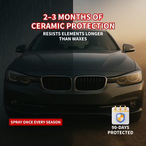 infographic citing 2 to 3 months of protection with renegade products hydro guard sealant spray lasting longer than waxes with a dark colored car in the background