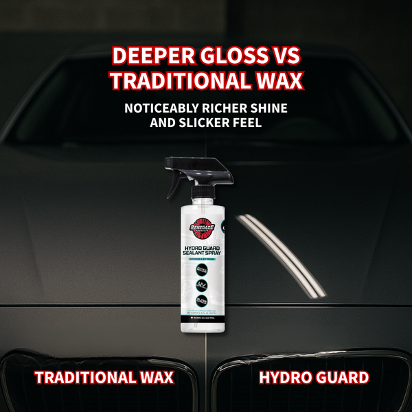 infographic of Car with a bottle of Hydro Guard sealant spray on the hood, comparing 'Deeper Gloss' to 'Traditional Wax'. also mentions richer shine and slicker feel