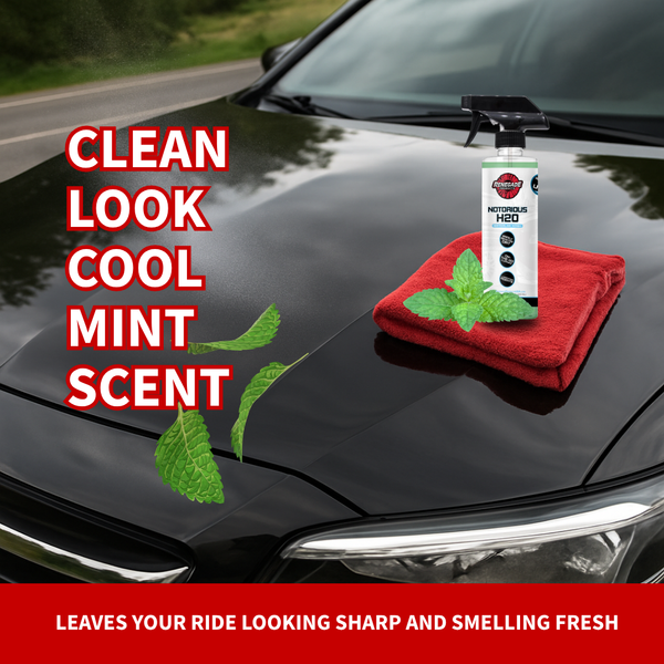 infographic for renegade products notorious h2o waterless wash highlighting clean results and mint scent with an automobile hood as the background