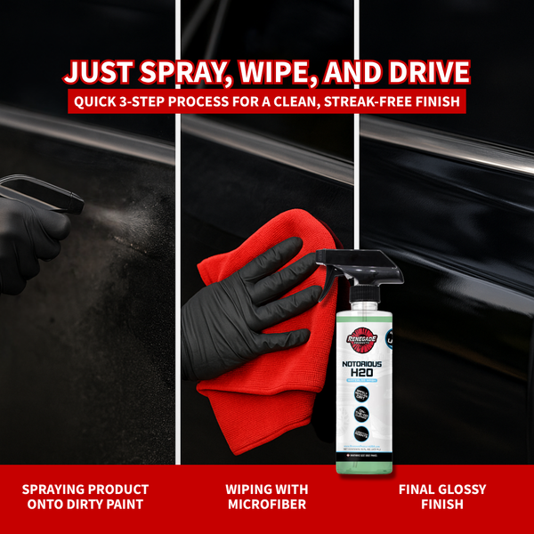 infographic for renegade products notorious h2o waterless wash showing 3 step usage process. Spray onto paint, wipe with microfiber towel, and attain final glossy finish.
