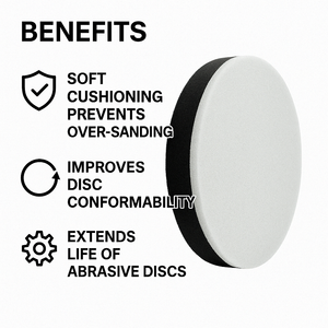 infographic of extra-thick 5-inch sanding interface pads for dual-action sanders, displayed with thickness comparison highlighting conformability, cushioning, and disc life