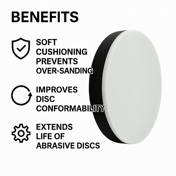infographic of extra-thick 5-inch sanding interface pads for dual-action sanders, displayed with thickness comparison highlighting conformability, cushioning, and disc life