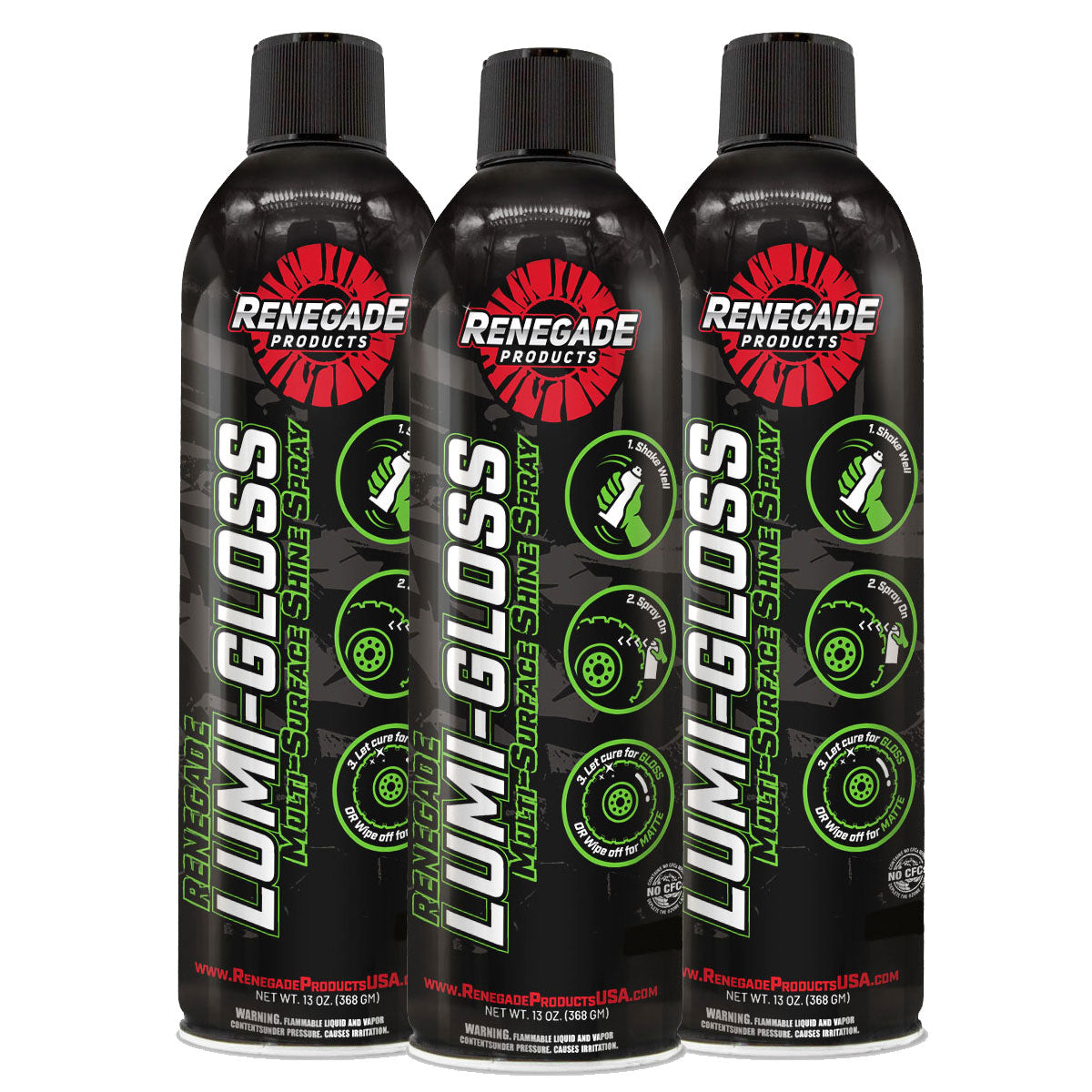 Renegade Lumi-Gloss Multi-Surface Shine Spray bottle, ideal for enhancing vehicle surfaces with polymers and carnauba wax for protection and shine.
