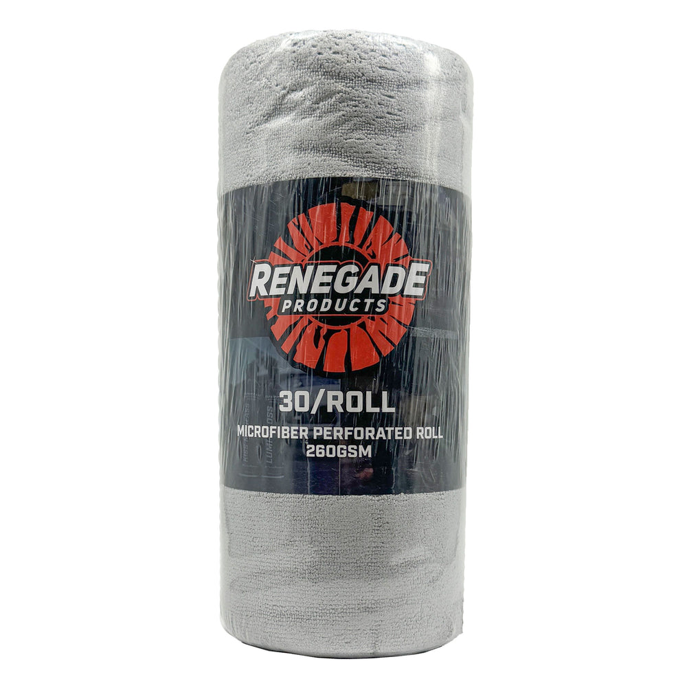 Roll of 30 light grey premium microfiber towels, 12x12 inches each, ideal for automotive care and cleaning.