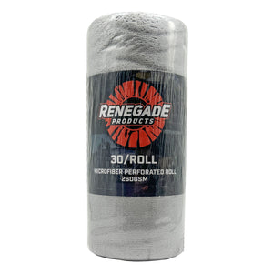 Roll of 30 light grey premium microfiber towels, 12x12 inches each, ideal for automotive care and cleaning.