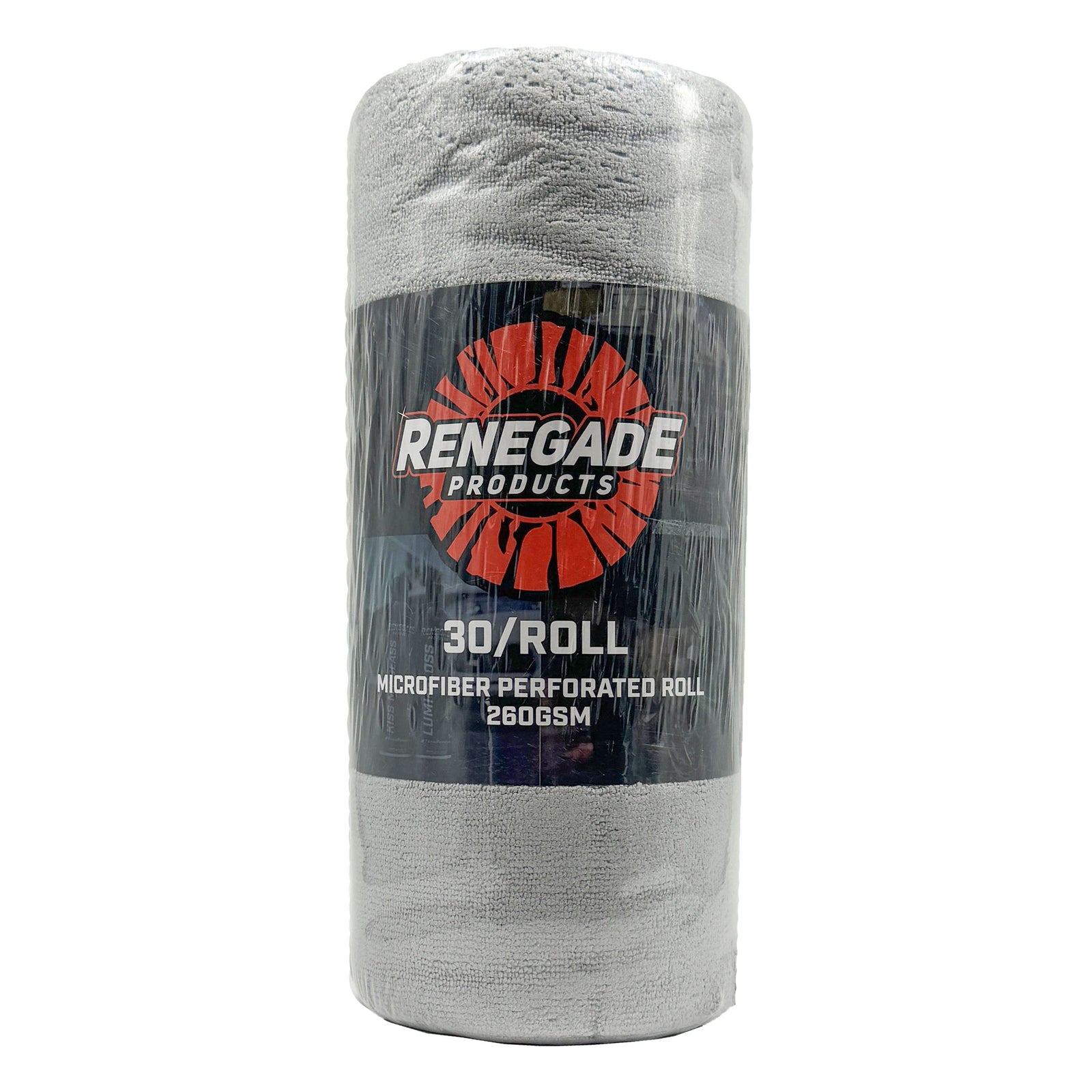 Alt text: Roll of 30 light grey premium microfiber towels, 12x12 inches each, ideal for automotive care and cleaning.