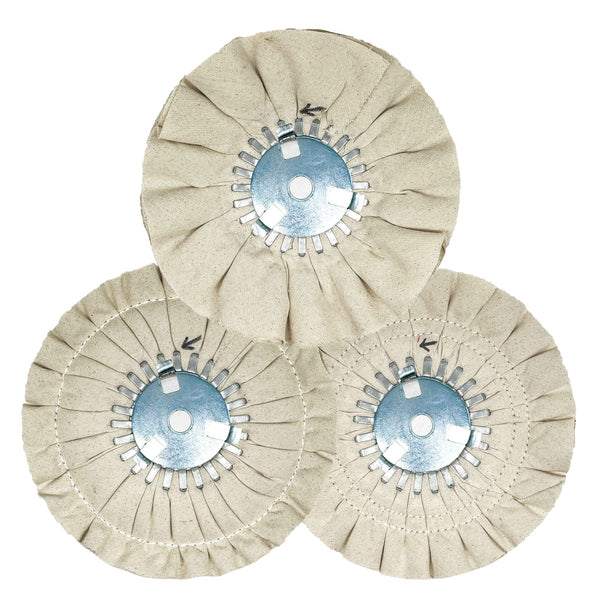image of three renegade products mid-range airway buffing wheels showing no stitch, single stitch, and double stitch variants on a white background