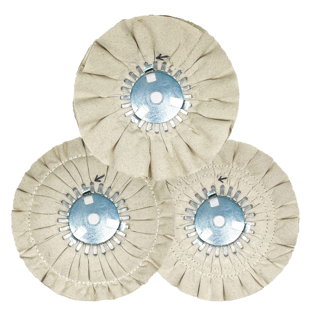 image of three renegade products mid-range airway buffing wheels showing no stitch, single stitch, and double stitch variants on a white background