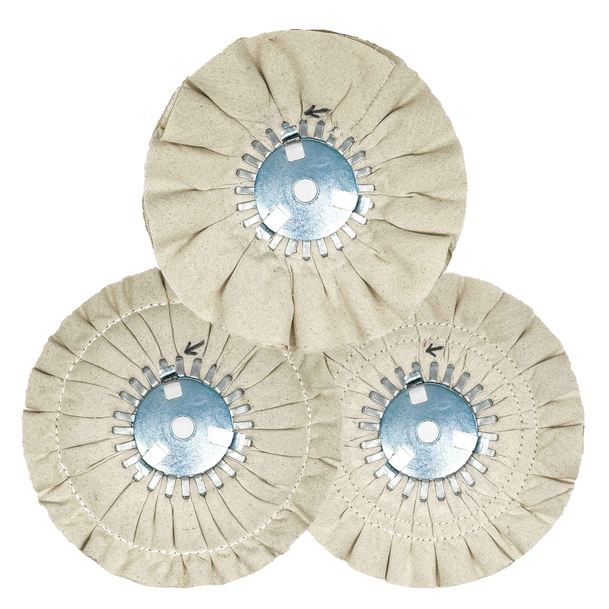 image of three renegade products mid-range airway buffing wheels showing no stitch, single stitch, and double stitch variants on a white background
