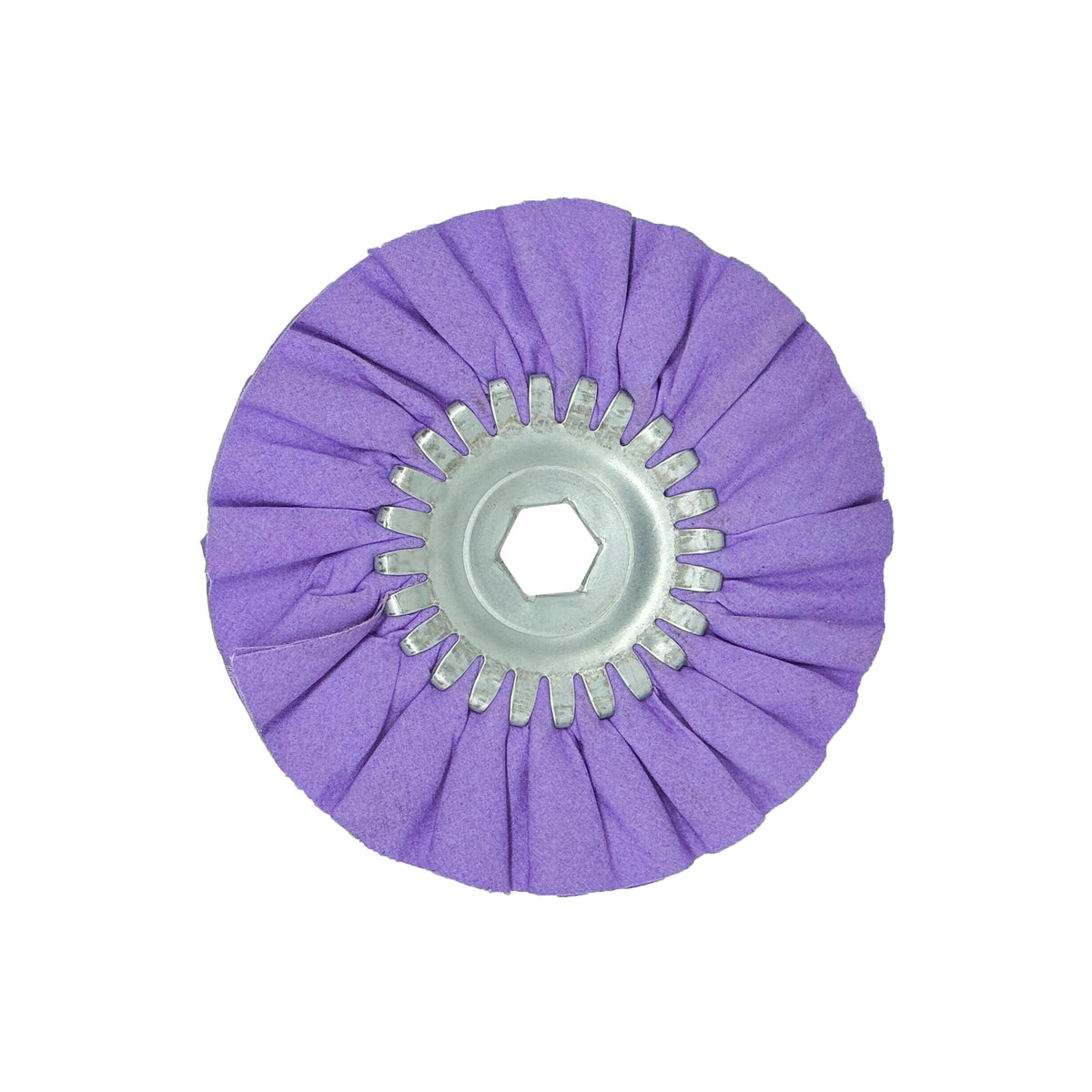 6-inch Mini Airway Buffing Wheels suited for polishing various metals, showing size and compatible safety flanges.