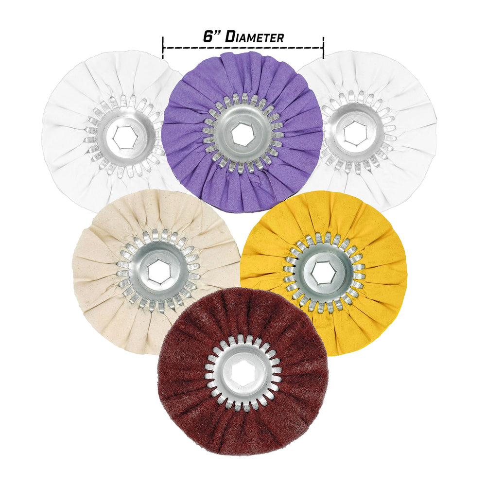 6-inch Mini Airway Buffing Wheels designed for detailed metal polishing on smaller grinders.