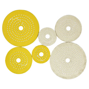 Assorted Mini Buffing Wheels with 1/2 arbor hole, available in multiple diameters and ply counts, ideal for detailed metal polishing.