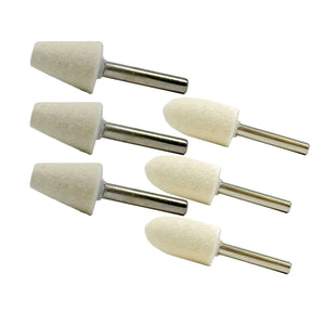 Three 1/4 inch felt polishing bobs for metal restoration, ideal for intricate surfaces.