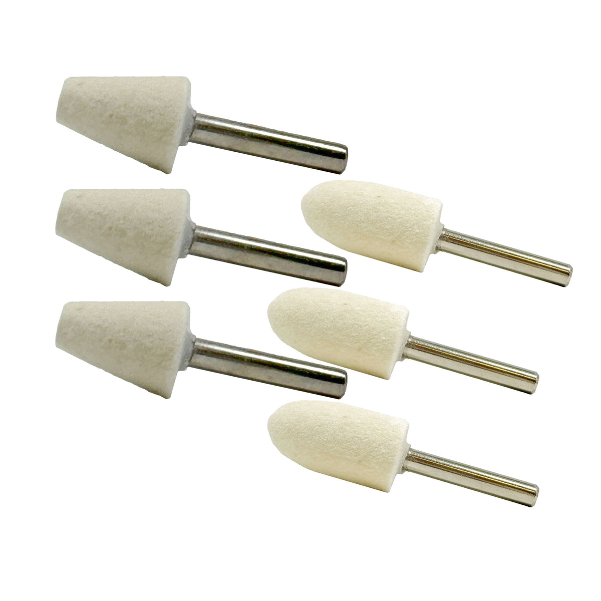 Alt text: Three 1/4 inch felt polishing bobs for metal restoration, ideal for intricate surfaces.