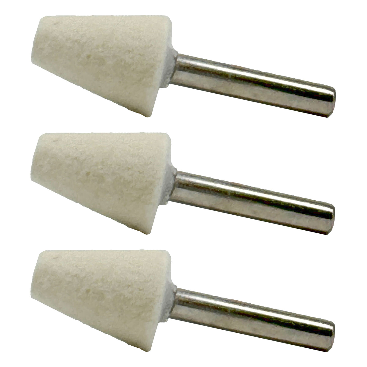 Alt text: Three 1/4-inch Felt Polishing Bobs for metal restoration, ideal for intricate surfaces.