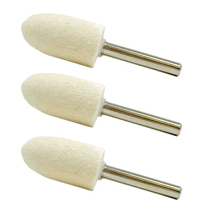 Three 1/4 felt polishing bobs for metal restoration on intricate surfaces, shown with die grinder attachment.