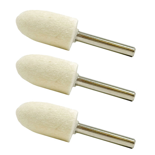 Three 1/4 felt polishing bobs for metal restoration on intricate surfaces, shown with die grinder attachment.