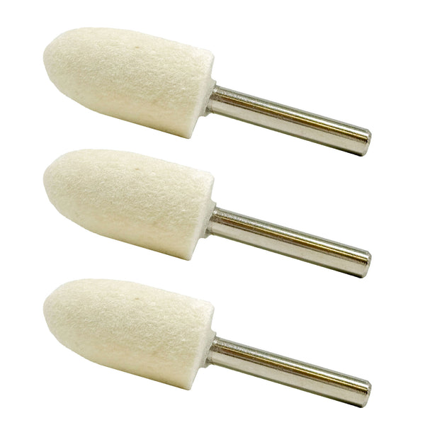 Three 1/4 felt polishing bobs for metal restoration on intricate surfaces, shown with die grinder attachment.
