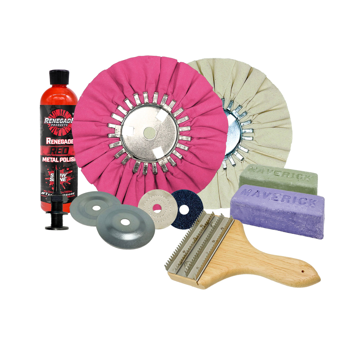 Complete Renegade Brass &amp; Copper Polishing Mini Kit with buffing wheels, compounds, and accessories for metal restoration.