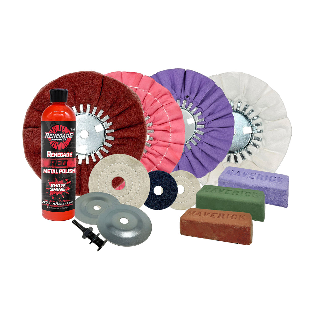 Renegade Copper and Brass Restoration Kit with various buffing wheels, polishing compounds, and microfiber towels for metal care.