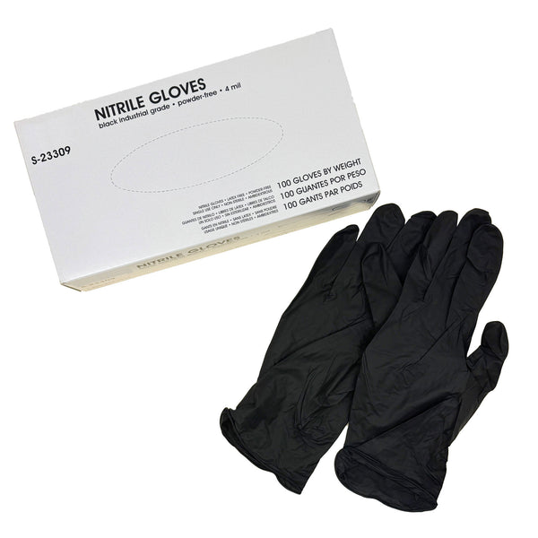 Box of 100 Black 4 Mil Nitrile Gloves, latex-free and powder-free, ideal for vehicle detailing and metal polishing.