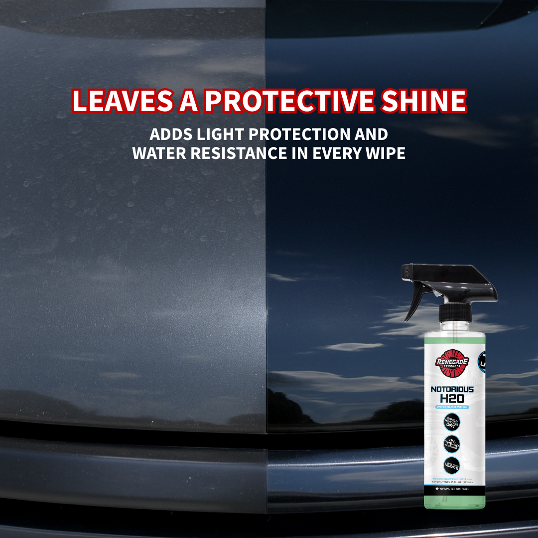infographic for renegade products notorious h2o waterless wash showing product bottle and highlighting protection and water resistance with a car hood in the background.