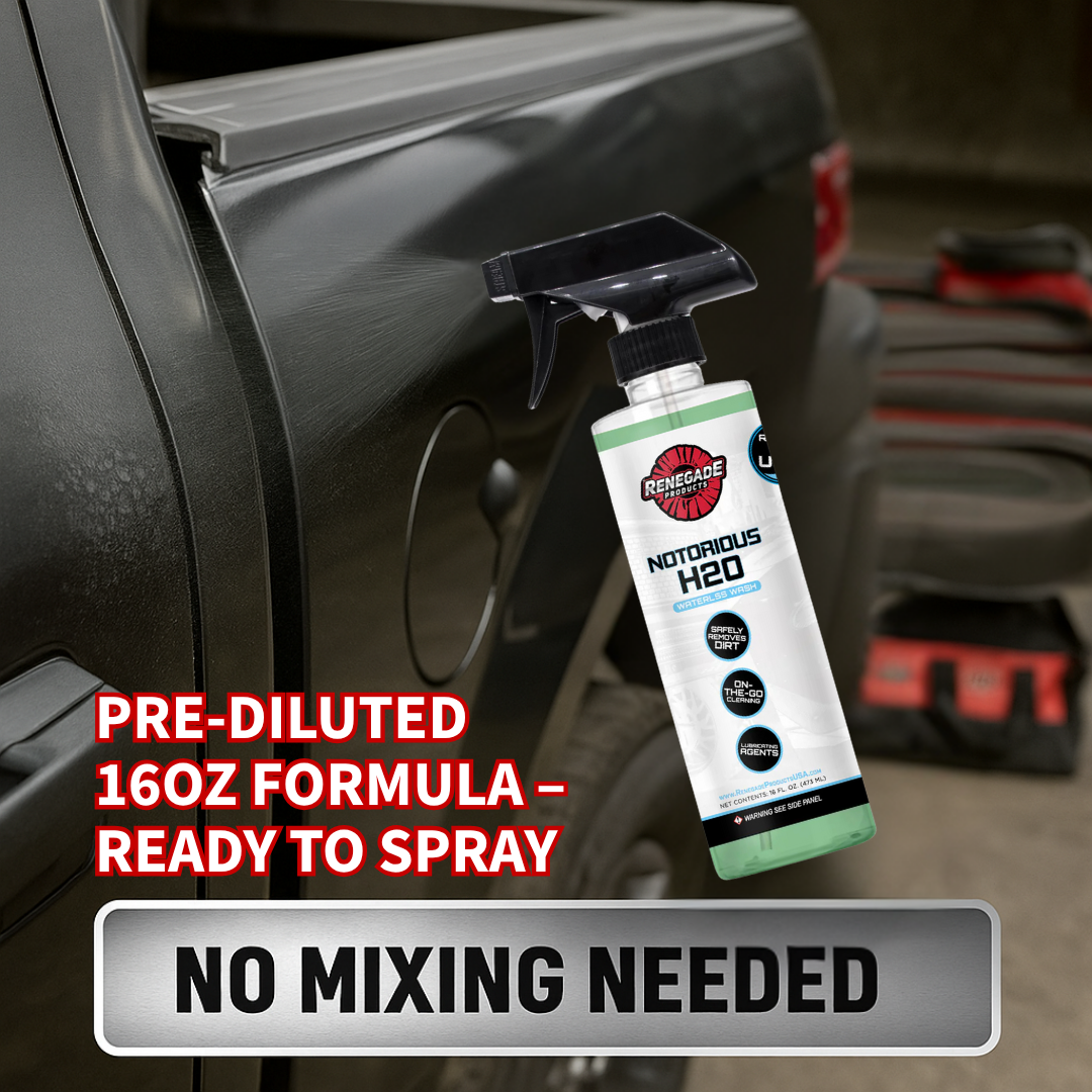 Spray bottle of renegade products Notorious H2o waterless wash on a car with text about pre-diluted formula and no mixing needed.