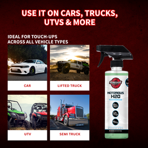 infographic for renegade products notorious h2o waterless wash showing product bottle and highlighting that it is appropriate for use on various vehicles. Car, truck, utv/off-road vehicles, and 18 wheeler/big rig/semi are shown as examples.