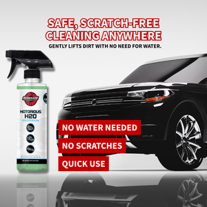 infographic for bottle of notorious h2o waterless wash highlighting quick and safe scratch free usage without the need for water. black suv utility vehicle in the background.