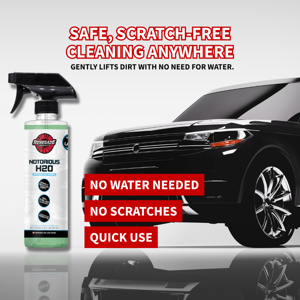 infographic for bottle of notorious h2o waterless wash highlighting quick and safe scratch free usage without the need for water. black suv utility vehicle in the background.
