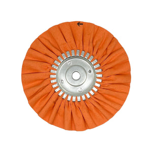 Assorted 9-inch Solid-Center Airway Buffing Wheels, color-coded for different metals, displayed with polishing compounds.