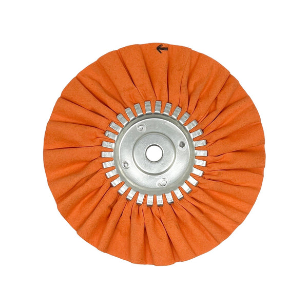 Assorted 9-inch Solid-Center Airway Buffing Wheels, color-coded for different metals, displayed with polishing compounds.
